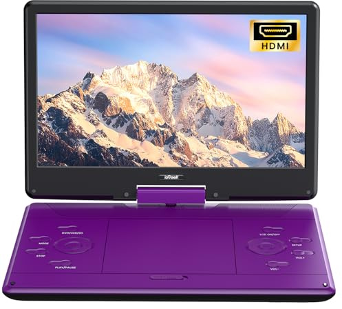 ieGeek Lettore DVD Portatile da 16 Pollici con Schermo Girevole da 14,1, Ingresso HDMI, Batteria Ricaricabile 6 Ore, Senza Regione, Riproduzione USB/SD per Anziani, Bambini e Viaggi
