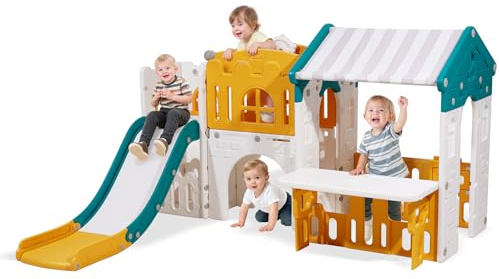 VEVOR Casetta da Gioco per Esterni, Versatile Parco Giochi per Bambini con Scivolo, Canestro, Telescopio, Volante, Tunnel per Gattonare, Vetrina, Struttura di Gioco Aperta per Bambini
