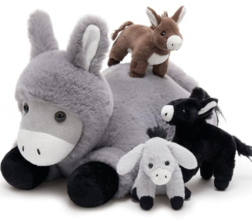 MorisMos Donkey Plush with 3 Baby Donkeys Inside, 46 cm Mommy Donkey Stuffed Animal, Soft Farm Animal Plush Toy, Interactive Family Teddy Gift for Kids, Birthday, Christmas