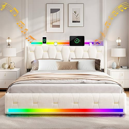 XMFFPM Lit Rembourré en Velours 160x200cm avec Rangement, Haut-Parleur Bluetooth, Lumières LED et Ports USB/Type-C, Cadre de Lit Plateforme avec 4 Tiroirs et Lattes en Bois, Beige