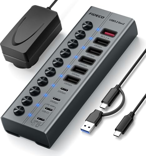 FIDECO 10-portars 72 W, USB-hubb med 1 BC1.2, 2 x 45 W PD-laddningsportar och 7 portar med 10 Gbps USB 3.2 (5 USB-A + 2 USB-C), aluminium-USB-hubb för bärbar dator, MacBook, iPhone 17/16/15