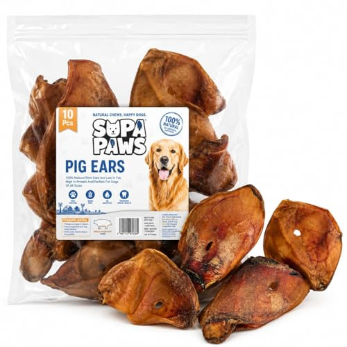 Supa Paws 10 Pack Large Pig Ears for Dogs, 100% Natural Air Dried Pork Ears, High Protein Aids Muscle and Tissue Repair Dog Treat, Grain Free Chew Dog Snacks Perfect Alternate of Beef Ears