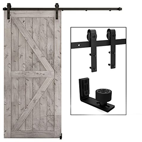TSMST 224CM(7.5FT) Skjutdörr Hårdvarukit, Skjutdörrsbeslag, Skjutdörrsystem, Glidande Ladugård Dörr Hårdvara Kit med Justerbar Golvstyrning
