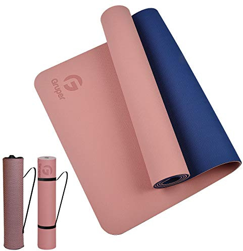 Gruper Non-Slip TPE Training Mat for Fitness, Pilates & Gymnastics - 183 cm x 61 cm x 6 mm Thick with Carry Strap + Bag