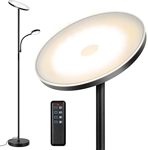 OUTON LED Floor Lamp with Reading Lamp, Mother/Father Parent & Child Uplighter and Spotlight Design, Dimmable Standing Lamp, Remote & Touch Control for Living Room Bedroom Office, Black