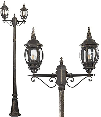 BAKAJI Lampione Vittoriano Classico da Giardino in Alluminio Lampada Lanterna Colore Grigio Finitura Anticata Color Ottone IP44 E27 (2 Luci 200 cm)