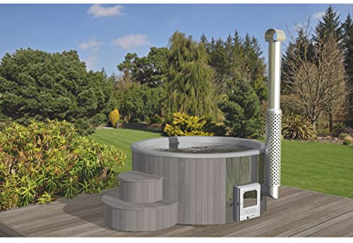 Wolff Finnhaus Badebottich grau Hot Tub Ø 200 cm Thermoholz Hellgrau mit Holzofen