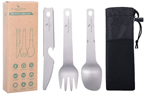 iBasingo Titan Campingbesteck Set Outdoor Löffel Messer Gabel Flaschenöffner Kleines Leichtes Geschirr Wiederverwendbares Besteck für Camping, Angeln, Wandern, Picknick, Grillen 3-teilig Ti1077T
