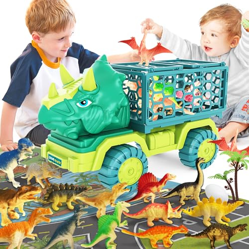 Dinosaur Truck Toy for Kids 3-5 Years Old, Triceratops Transport Car Carrier Truck with 15 Dino Figures Activity Play Mat Egg and Trees Dinosaur Escape Play Set Boys Girls Easter Birthday Christmas