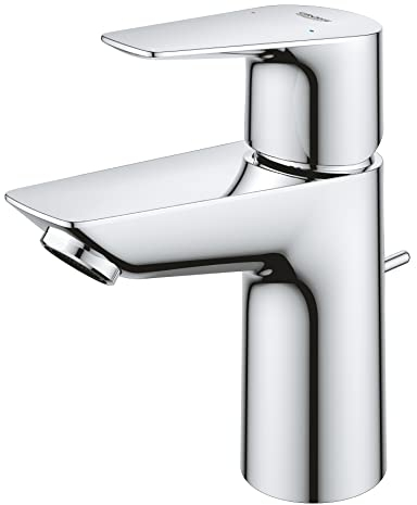 GROHE Start Edge – Basin Mixer Tap with Pop-Up Waste Set (Metal Lever, 28 mm Ceramic Cartridge, Water Saving Mousseur 5.7 l/min, Tails 3/8 Inch), Size 147 mm, QuickTool Included, Chrome, 24196001