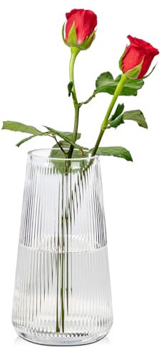 Dekovase Glas Modern Vasen mit Rillen Dekorative Blumenvase Ins Style Tischdeko für Hochzeit, Büro, Küchen Dekoration, Höhe ca. 20 cm