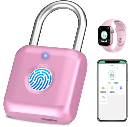 Fingerprint Padlock eLinkSmart Gym Locker Lock for Girls Women with Phone App iOS Watch Metal Keyless Combination Locks for School Sports Locker Toolbox Hasp Storage Pink