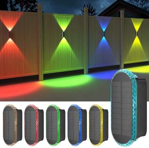 ELLASAY Solar Fence Lights Outdoor Wall: 6 Pack IP65 Waterproof LED Lights with 7 Colour Modes & Auto Cycle – Up & Down Glow for Garden/Fence/Patio Lighting