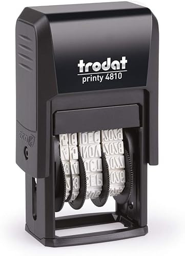 Trodat Printy 4810 Tampon auto-encreur avec date – Jour, Mois, (en lettres) Année – Impression d'encre noire Taille : 20 x 3,8 mm