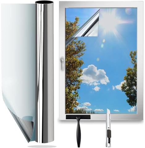 wonderffolie Window Film Privacy One Way Clear Heat Reflective Mirror Window Film Sun Block Sticker Anti UV and Glare Glass Tint for Home and Office Silver 75x400cm