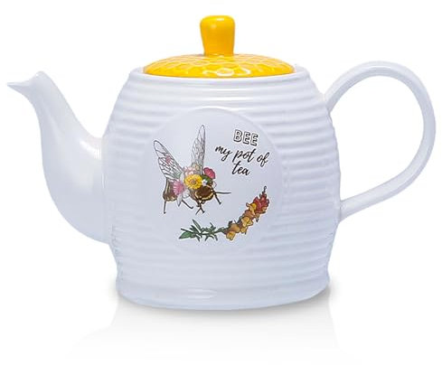 Prefdo Porcelain Tea Pot Honey Bee Pattern Ceramic Teapot White Coffee Pot Water Kettle 1000 ml for Home Kitchen Office Coffee Shop Tea Party, Gift Package