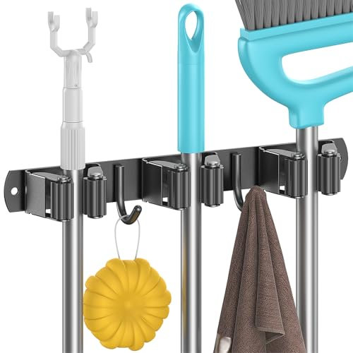 Juspota Accroche Balai Mural sans Percage, Porte Balais Mural avec 3 Supports et 2 Crochets, Support Balais Mural avec Vis, Attache Range Balai Mural, Range outils de jardin, Noir