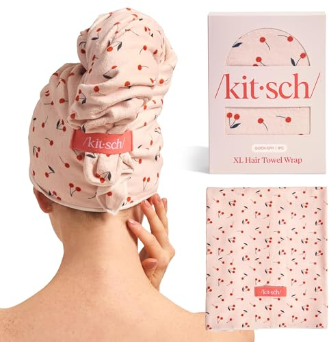 Kitsch XL Mikrofaser-Haartuch für Damen – Ultra saugfähiges Mikrofasertuch für nasses, lockiges, langes oder kurzes Haar – Schnelltrocknendes, Anti-Frizz-Haartuch – Kirschdruck, 40 x 24 Zoll