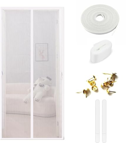 Magnetic Door Screen Heavy Duty Fly Insect Screen Mesh 90x210cm Door Curtain Fly Screen Anti Mosquito Mesh with Magnets & Magic Tapes, Fly Nets for Doors Bedroom Patio Balcony Keeps Bugs Out (White)