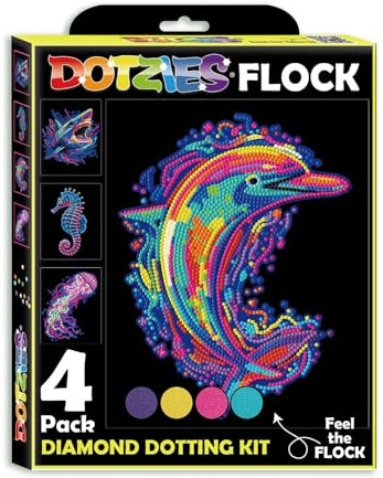 DIAMOND DOTZ DOTZIES 2594445 Original 5D Diamond Painting Set, Neon Meerestiere, 4 bunte Diamant-Bilder mit Flock, Dotting-Kit für Kinder ab 6 Jahren, Beginner