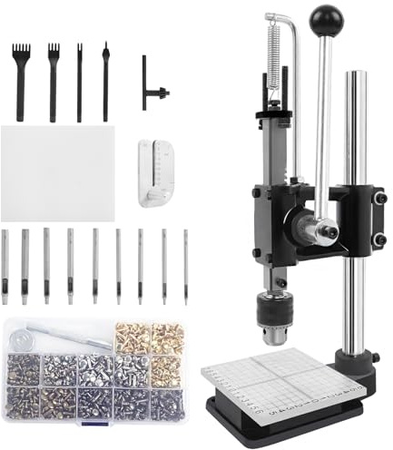 Leather Press Machine,Hole Puncher for DIY Leather Craft,Manual Press Punch Tools,with 9 Round Punches (1.5-6mm), 4 Stitching Prongs, 480 Rivets | Stainless Steel Pillar | Punch Puller