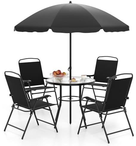 COSTWAY Gartenmöbel Set, Gartentisch mit 4 Stühlen und Sonnenschirm, Terrassenmöbel, Balkonmöbel, Gartenset, Gartengarnitur, Sitzgruppe für Terrasse, Balkon, Garten