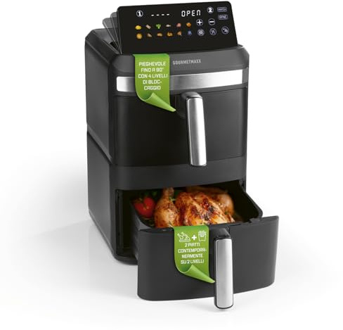 GOURMETmaxx FryUp XL vertikal dubbelkammare varmluftsfritös – 12 l | Luftfritös med 9,6 tums flerfärgad LED-pekskärm och 12 program, luftfritös med 2 fack, SYNC
