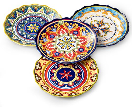 UNICASA Ceramic Dessert Plate Set of 4, 9 Inch Snack Plates with Scalloped Edges – Serving Dishes for Salad, Cake, Cheese, Vibrant Boho Decoration, Microwave & Dishwasher Safe
