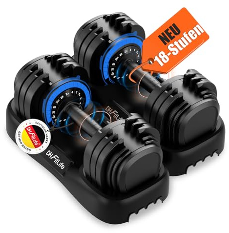 DH FitLife 2026 Nuovo Manubri Regolabili da 2,5 a 25 KG con Base Porta Pesi – Set Manubri Componibili per Uomo e Donna con 18 Pesi in 1, Manubri Regolabili Salvaspazio per Allenamento a Casa (2 Pezzi)