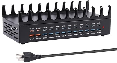 420W Charging Station for Multiple Devices - 24 Ports USB Fast Charging Station with 30W Power Delivery, Multi Charger Dock for Phone Tablet, Home, Office, School