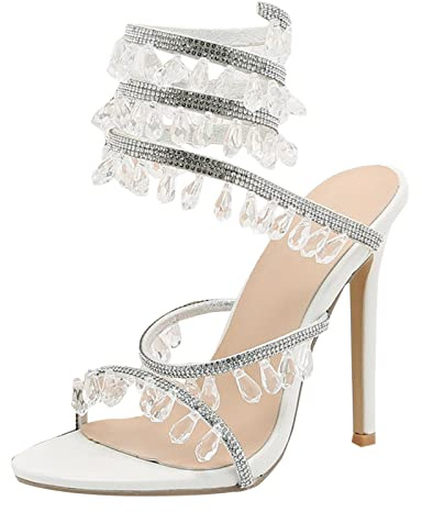 ZTFYKLIN Sandali Tacco Alto Eleganti Estivi Con A Spillo Da Donna Strass Di Lusso Scarpe Sposa Banchetto Tacchi Cinturino Per E (White, 37) Argento 42 Sandalo Nero Neri Alti Women Sandals