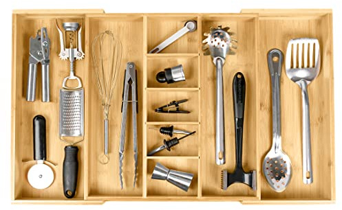 KitchenEdge Adjustable Kitchen Drawer Organiser for Utensils and Junk, Expandable to 28 Inches Wide, 9 Compartments, 100% Bamboo