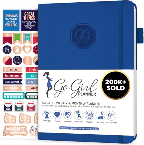 GoGirl Planner Pour Femmes - Agenda Hebdomadaire Format Compact, Journal Des Objectifs et Agenda Pour Améliorer la Gestion Du Temps. Non Daté - Commence à n'importe Quel Moment, Dure 1 An - Bleu Roi
