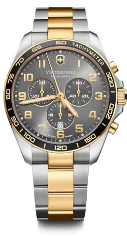 Victorinox Herren Armbanduhr FieldForce Classic Chrono Ø 42 mm, Analog Quarz, Wasserdicht bis 100 m, Edelstahl-Armband, Grau/Silber/Gold