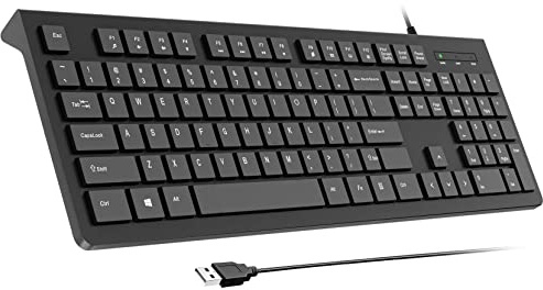 COLIKES Tastiera per computer cablata, tastiera USB Plug Play, tasti Chiclet a basso profilo, tastierino numerico grande, indicatori a tappi, supporto pieghevole, resistente alle fuoriuscite, lettere