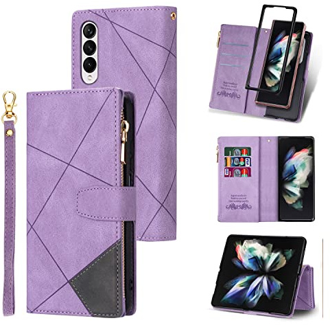 UEEBAI Wallet Case for Samsung Galaxy Z Fold 3 5G, Vintage Premium PU Leather Cover Flip Case with Card Slots Magnetic Closure Zipper Pocket Kickstand Handbag with Hand Strap - Purple