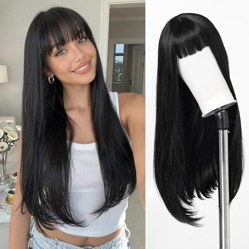 Esmee Pelucas Negras Largas y Rectas para Mujer Peluca de Pelo Sintético en Capas con Flequillo para Uso Diario en Fiestas y Cosplay-26 Pulgadas