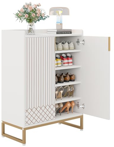 LITTLE TREE Moderner weißer Schuhschrank mit Türen für bis zu 25 Paar, 5-stöckiges Schuhregal aus Holz, Organizer für Eingangsbereich, Schlafzimmer, Flur, Wohnzimmer