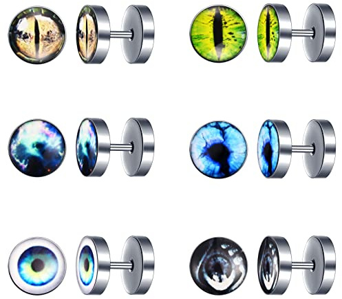 MicVivien 6 Paia 10MM Set di Rotondo Orecchini a vite da Uomo Donna, Modello dell'occhio Punk Finto Dilatatore Fake Cheater Plug Gauges in Acciaio Inossidabile
