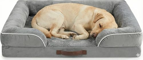 Codi Large Memory Foam Layer Dog Bed, Washable Orthopedic Dogs Beds Couch with Removable Zipper Cover, Waterproof Pet Sofa with U-Shape Bolster, Grey, 91x68x(7.5+8.9) cm