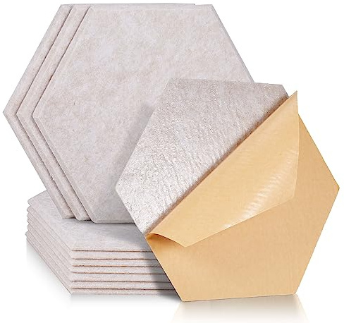 Hexagon Akustiska plattor, självhäftande, 12 stycken, ljudabsorbator med hög densitet för vägg, tak och dörr – akustikpanel, ljudisoleringsplattor, akustikplatta, 30 x 26 x 0,9 cm, kamel