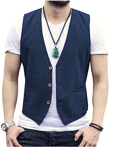 Solovedress Gilet estivo da uomo, slim fit, in lino, scollo a V, alla moda, per matrimoni e feste, Blu marino, XL