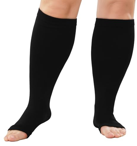 LOFIR Chaussettes de Compression pour Hommes et Femmes: 20-30mmhg Chaussettes de Contention Classe 3 Medicale Graduel Bas De Soutien Compression Orteil Ouvert Mollets Épais Taille Grande Noir 1 Paire
