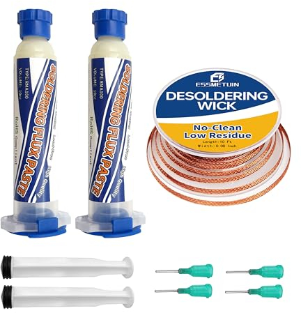 No Clean Soldering Flux Paste & Solder Wick, Solder Flux for Electronics Soldering 10cc/Bottle (2PACK), 10Ft Desoldering Wick Braid Remover Solder