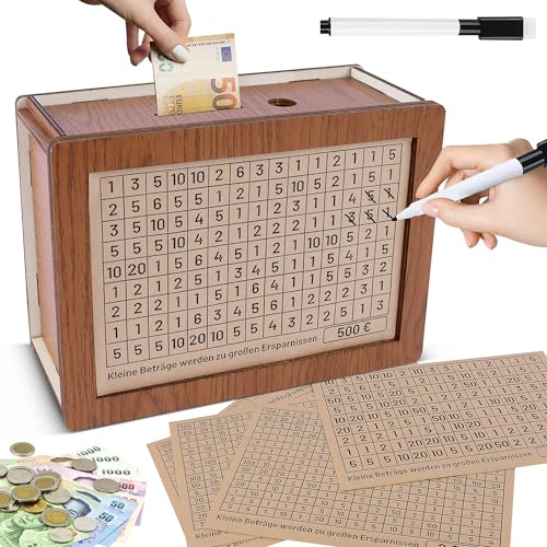 Spardose aus Holz Retro Sparbüchse Aufbewahrungsbox Sparbox mit Zahlen Ankreuzen mit Zähler Sparziel Marker 10000 500 1000 2000 3000 5000Euro für Hilft Erwachsene und Kindern Die Gewohnheit Zum Sparen