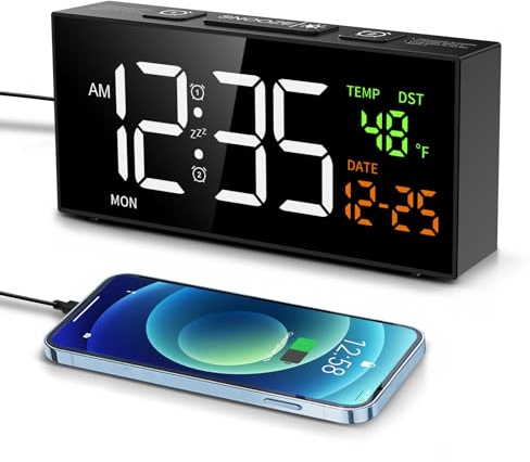 Netzu Digitaler Wecker Laut, Digitalwecker mit Temperatur und Datumsanzeige, 10 Klingeltönen, 2 Alarme, Snooze, 4 Helligkeit, 4 Lautstärke, 12/24 Stunden, Wecker für Schlafzimmer Wohnzimmer