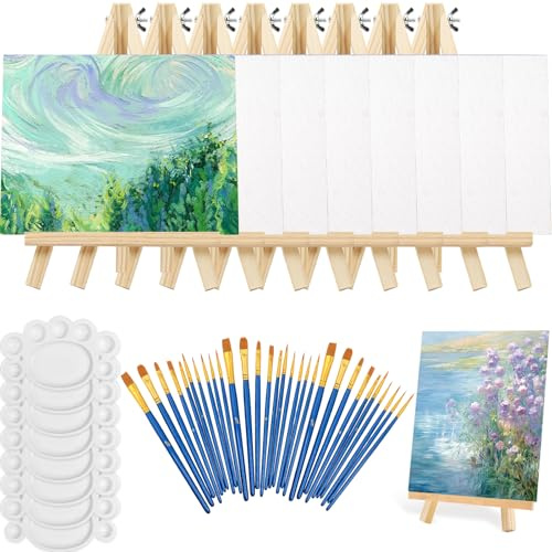Juego de 54 lienzos con caballete de 25 x 20 cm, con caballetes de madera, pinceles de pintura, kit de pintura para acrílico, óleo, acuarela, principiantes, manualidades, sorbos y fiestas de pintura