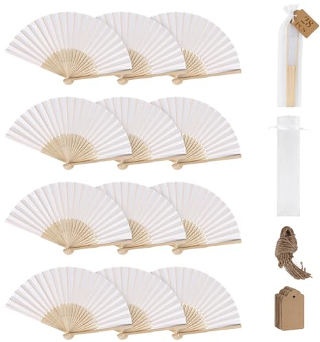 SWAWIS 28 Piezas Abanicos de Tela Blanco, Abanico Plegable con 30 Bolsas de Organza y Tarjetas de Agradecimiento, Ventiladores de Bambú para Bodas Bautizos Decoraciones Fiestas DIY