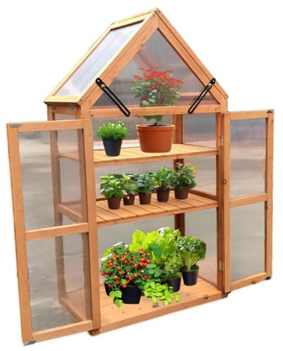 Gewächshaus JAN Treibhaus mit Dachfenster, Türen, Holzkonstruktion mit 3 Etagen, perfekt für Balkon, Terrasse, Garten, Anzuchtbeet LxTxH: ca. 70 x 40 x 132 cm