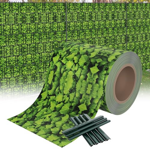 XMTECH Bandes brise-vue en PVC avec clips de fixation, clôture brise-vue pour jardin, clôture à double fil, 450 g/m², bandes brise-vue opaques, 35 m x 19 cm, grandes feuilles - Vert